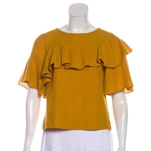 WHIT Mustard Ruffle Flutter Asymmetric Top, Size SMALL